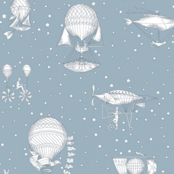 Blue children's wallpaper - balloons and airships JR3004, Jack´N Rose 2024, Grandeco