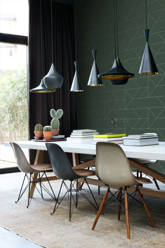 Dark green geometric wallpaper, metallic lines 347728, City Chic, Origin 