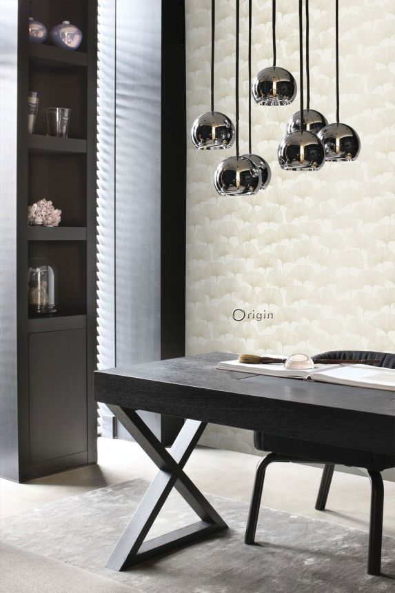 Cream wallpaper, metallic Ginkgo leaves 347730, City Chic, Origin 