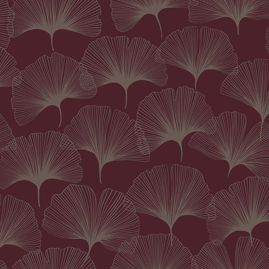 Wine red wallpaper, silver Ginkgo leaves 347732, City Chic, Origin 