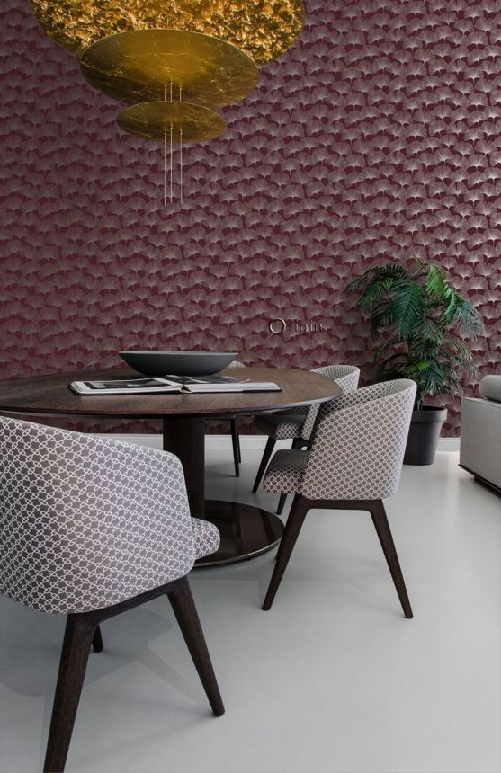 Wine red wallpaper, silver Ginkgo leaves 347732, City Chic, Origin 