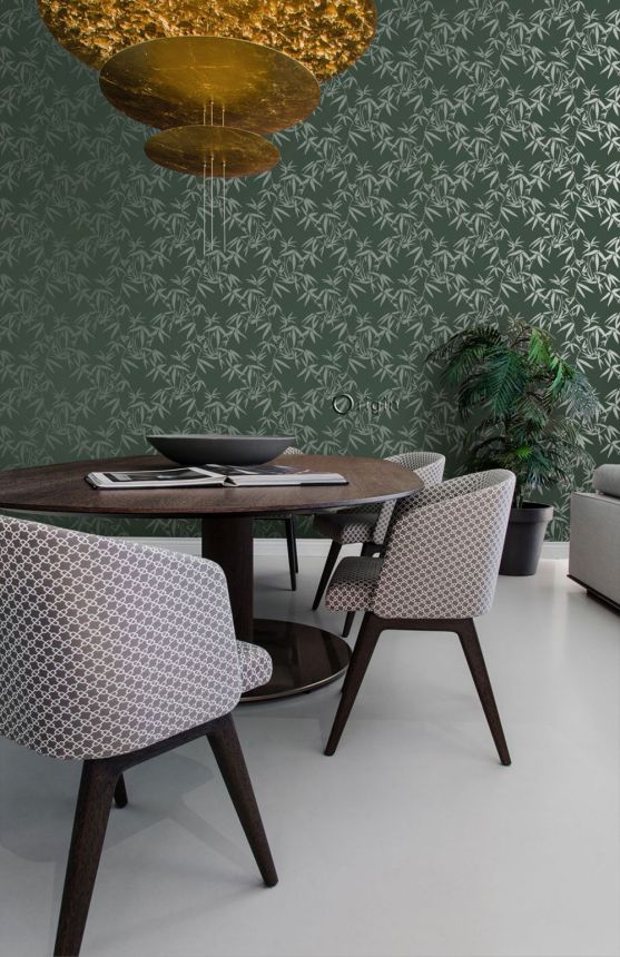 Dark green wallpaper, metallic bamboo leaves 347738, City Chic, Origin 