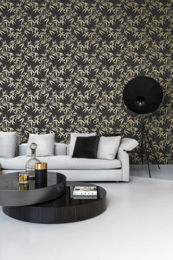 Black wallpaper, golden bamboo leaves 347740, City Chic, Origin 