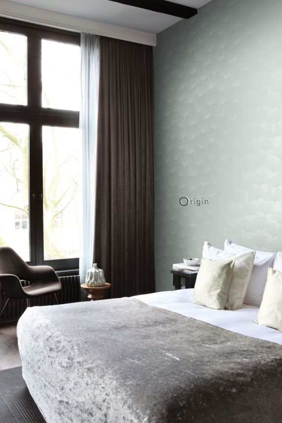 Metallic green wallpaper, matte outlines of Ginkgo leaves 347748, City Chic, Origin 