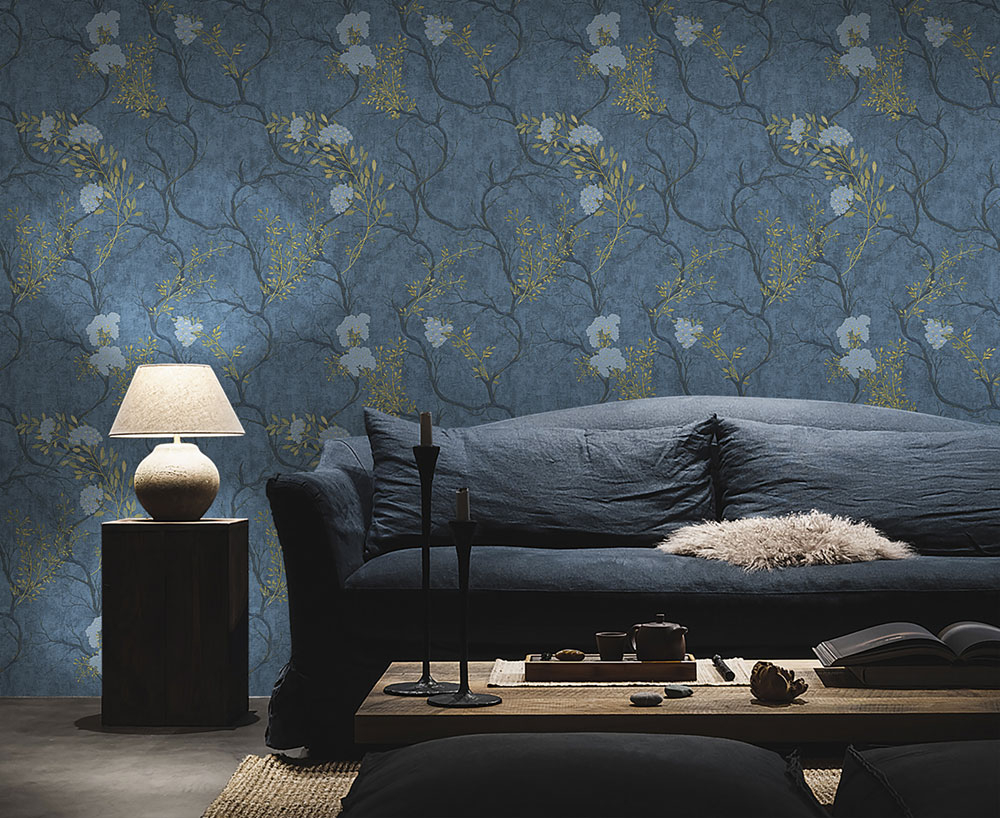 Luxury blue wallpaper, twigs, blooms 72959, Zen, Emiliana Parati 
