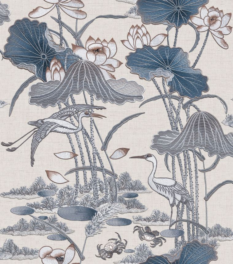 Luxury gray-blue wallpaper with water lilies and birds, TP422702, Tapestry, Design ID