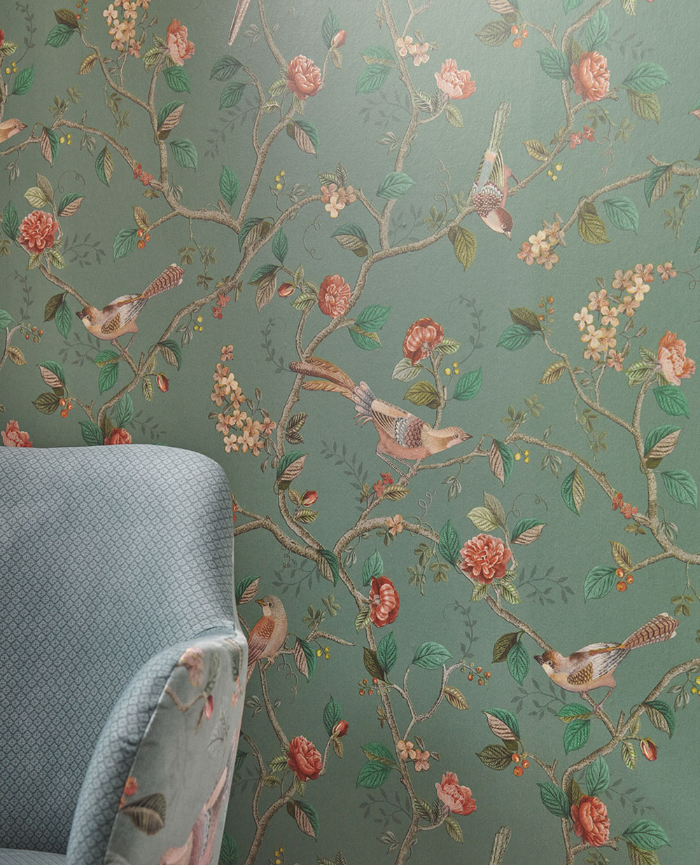 Green wallpaper with birds and twigs, 333123 Pip Studio 6, Eijffinger