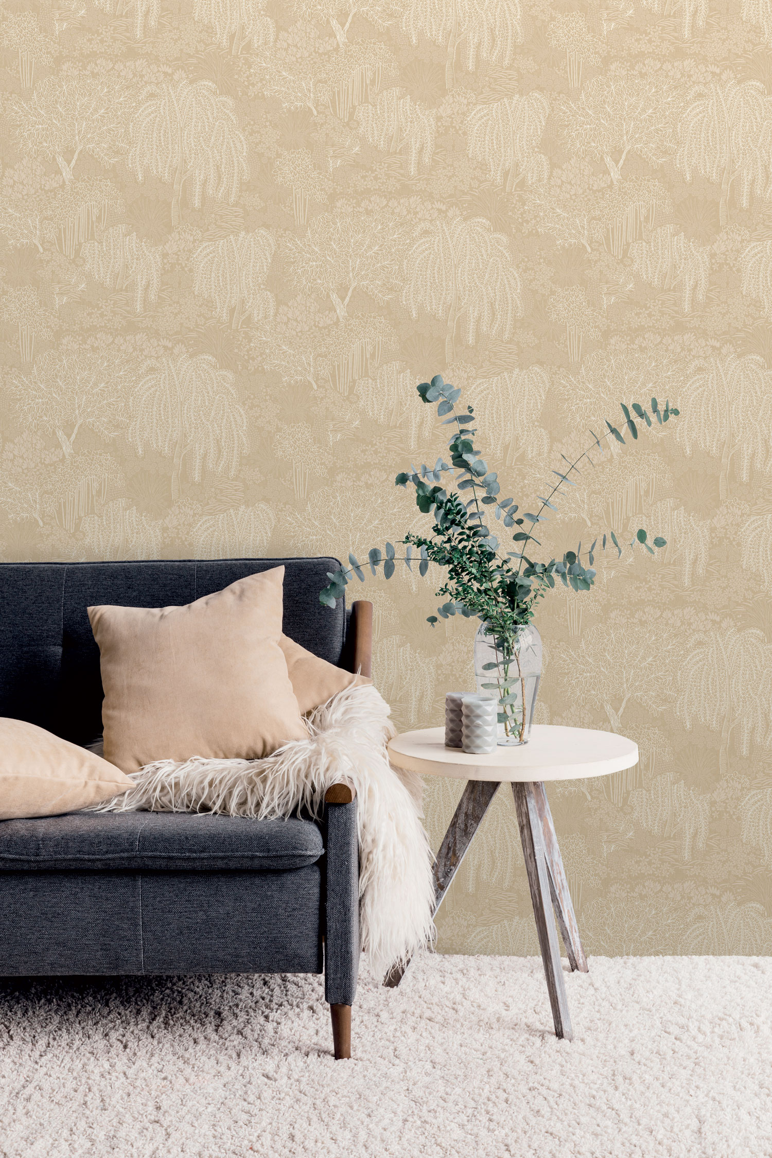 Ocher-gold wallpaper, trees, leaves, AL26262, Allure, Decoprint