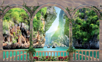 Non-woven photo mural wallpaper Exotic bay behind a window 22119, 416 x 254 cm, Photomurals, Vavex