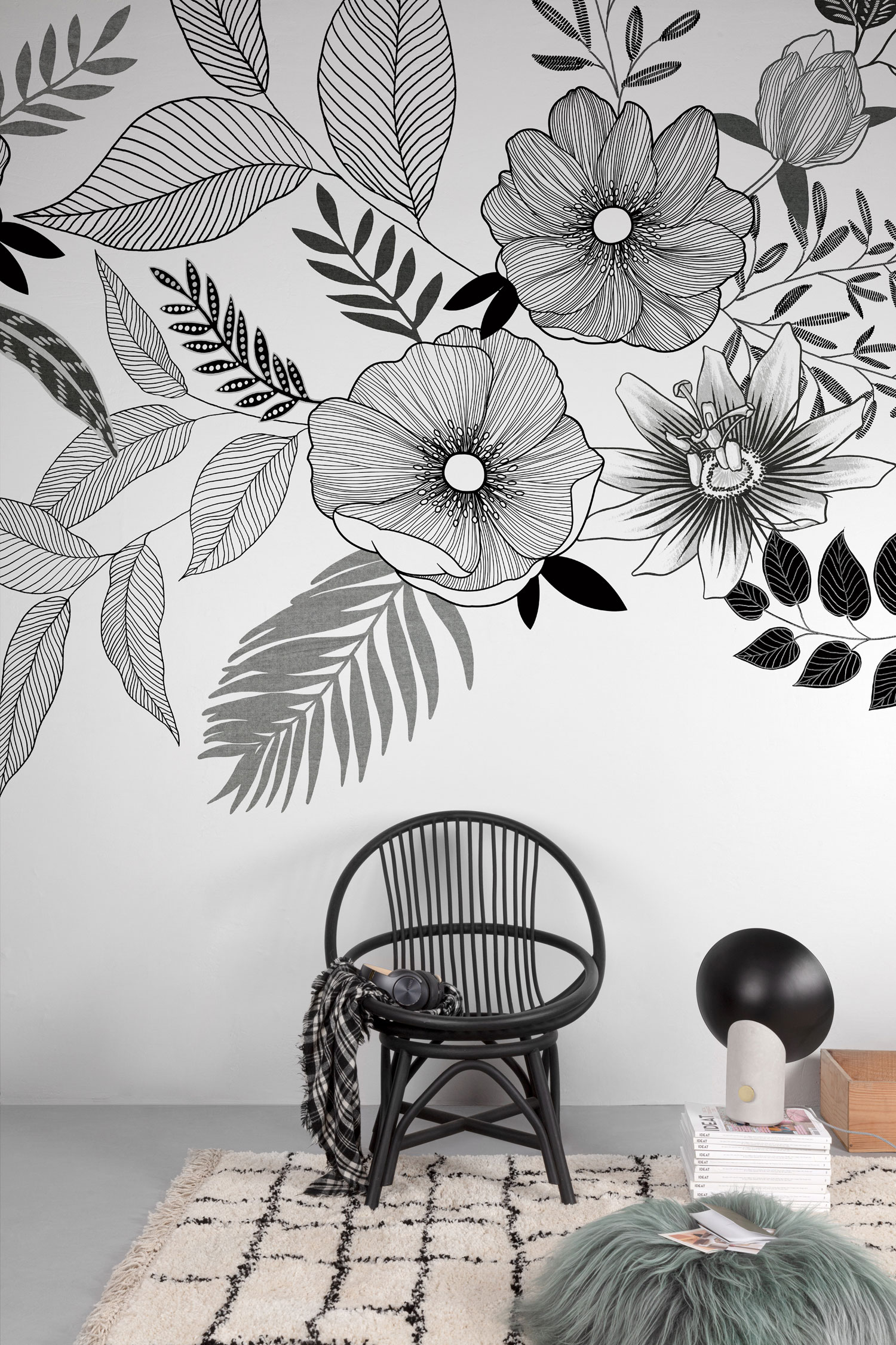 Black and white wall mural with flowers, ML6701, Mural Young Edition, Grandeco