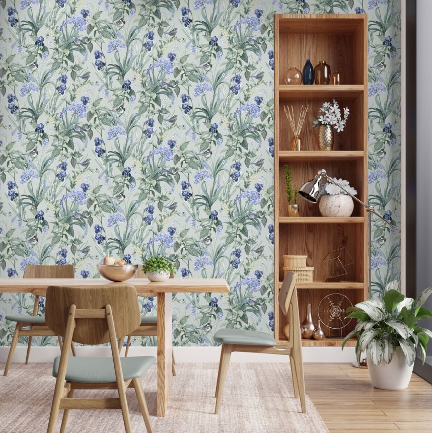Blue wallpaper with flowers and birds, M64714, Botanique, Ugepa