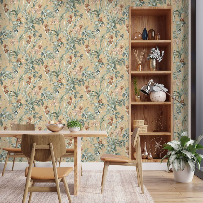 Beige wallpaper with flowers and birds, M64792D, Botanique, Ugepa