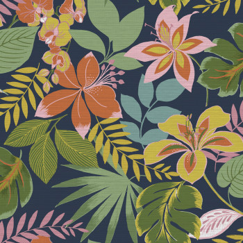 Blue wallpaper with exotic flowers and leaves, 118616, Envy