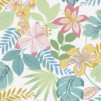 Gray-white wallpaper with exotic flowers and leaves, 118732, Envy