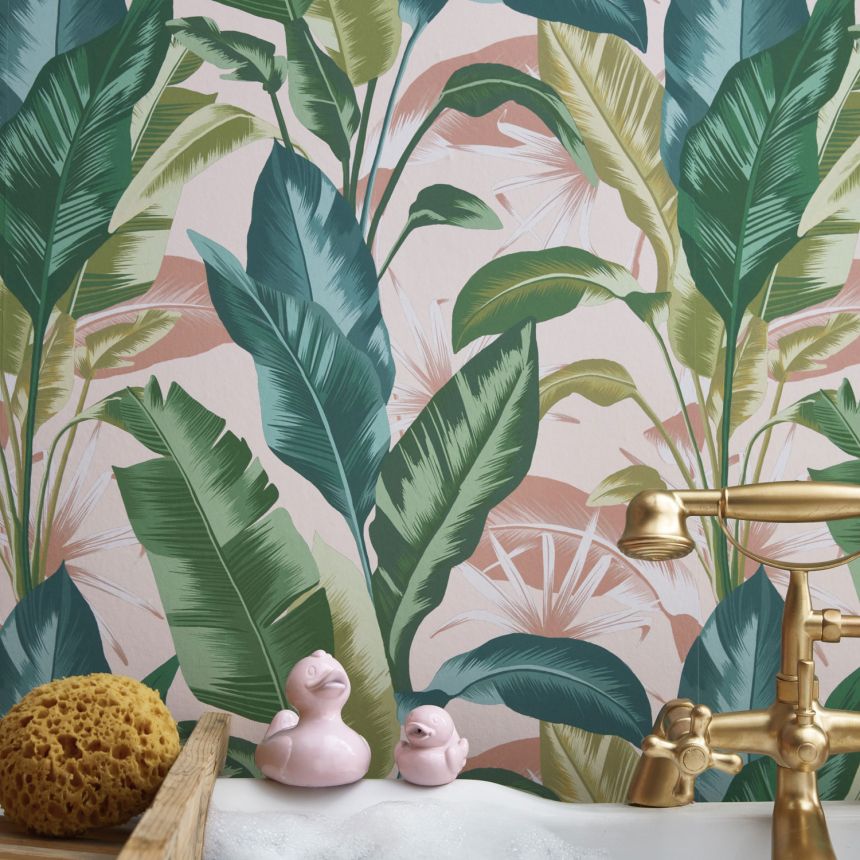 Pink wallpaper with tropical leaves, 118722, Envy