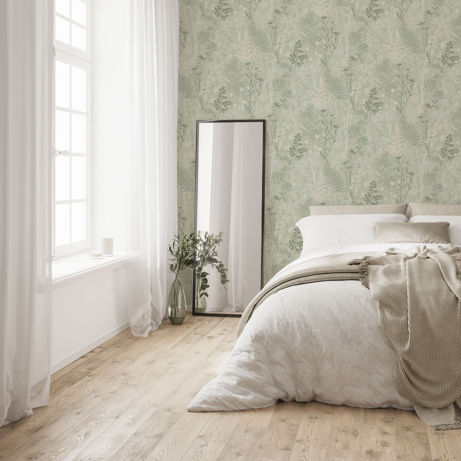 Green wallpaper, flowers, leaves, 120716, Vavex 2025