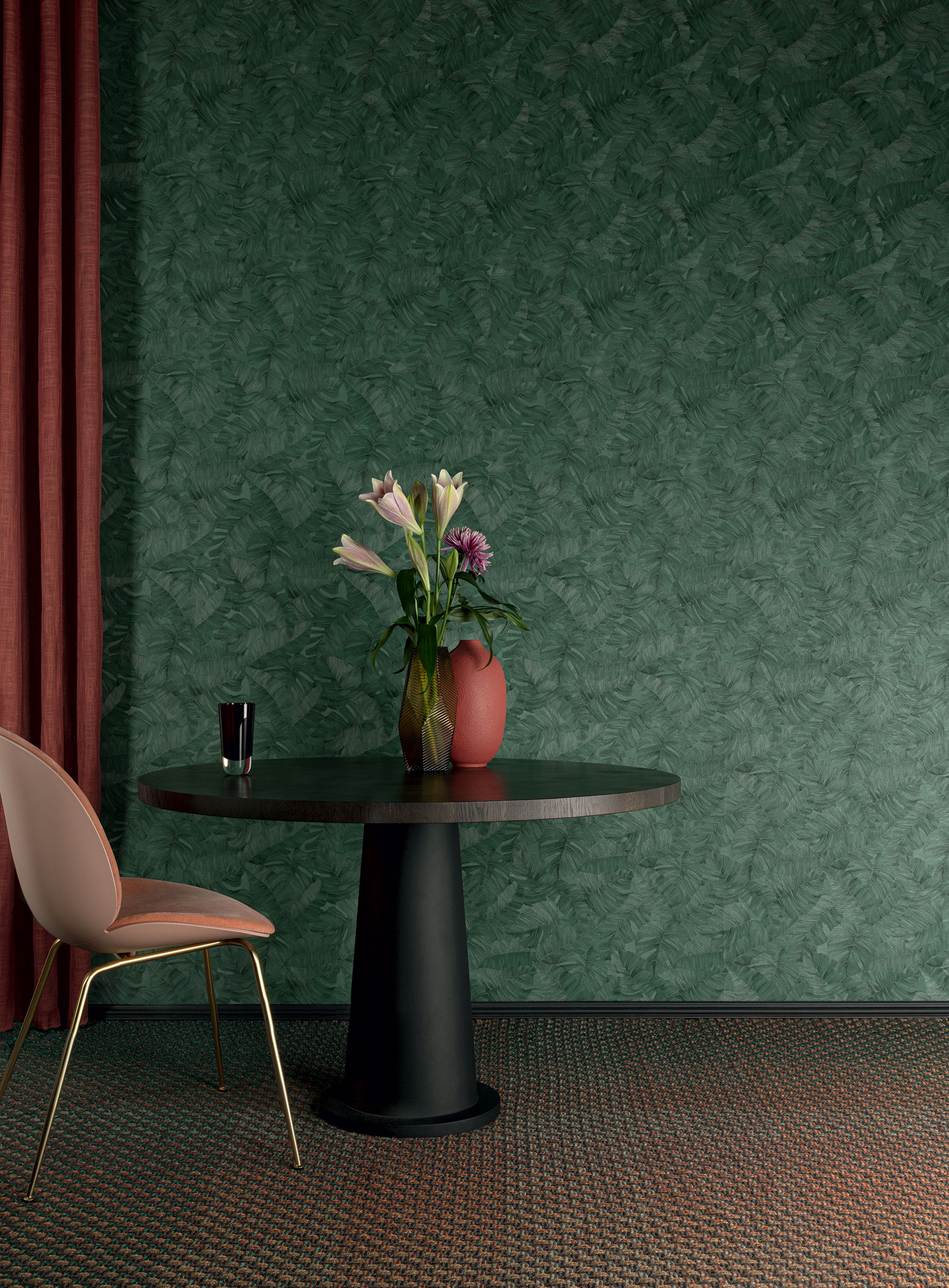 Green wallpaper with embossed leaves, TI2107, Time 2025, Grandeco