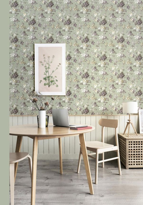 Green wallpaper with floral pattern, 12305, Fiori Country, Parato