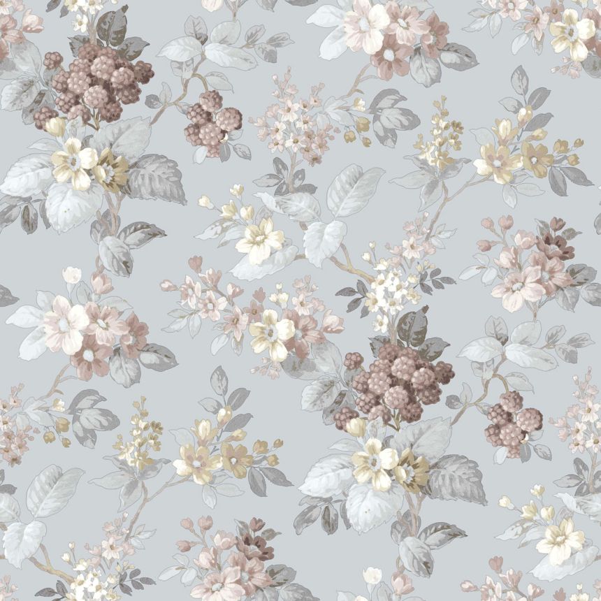 Pale blue wallpaper with a floral pattern, 12306, Fiori Country, Parato