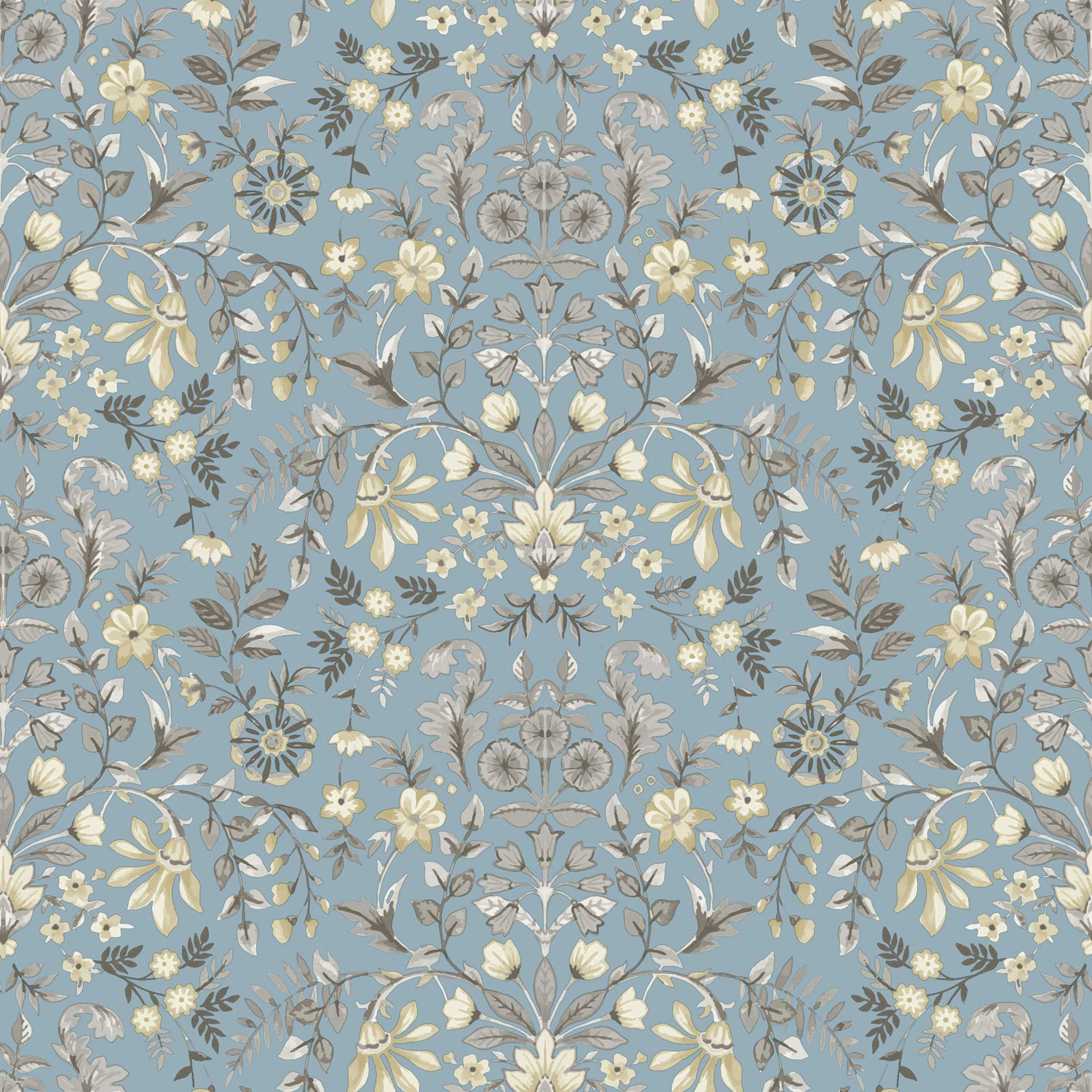 Blue wallpaper with floral ornamental pattern, 12326, Fiori Country, Parato