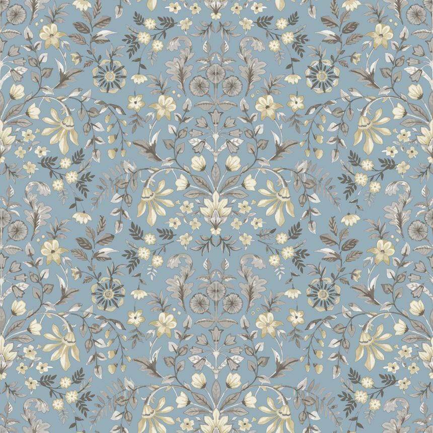 Blue wallpaper with floral ornamental pattern, 12326, Fiori Country, Parato
