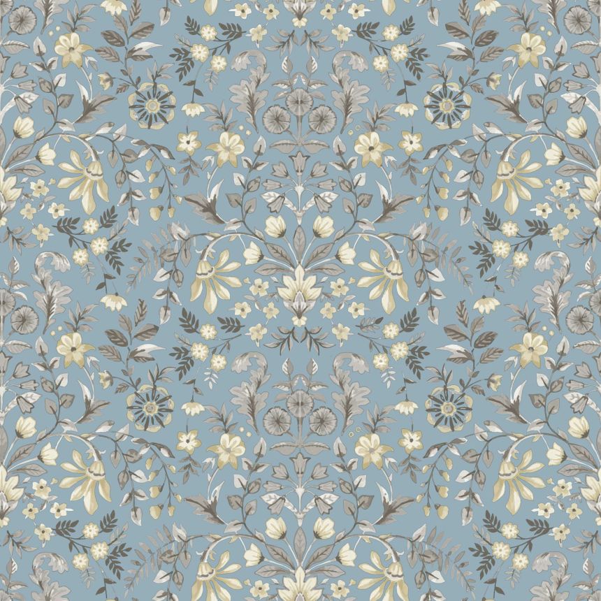Blue wallpaper with floral ornamental pattern, 12326, Fiori Country, Parato