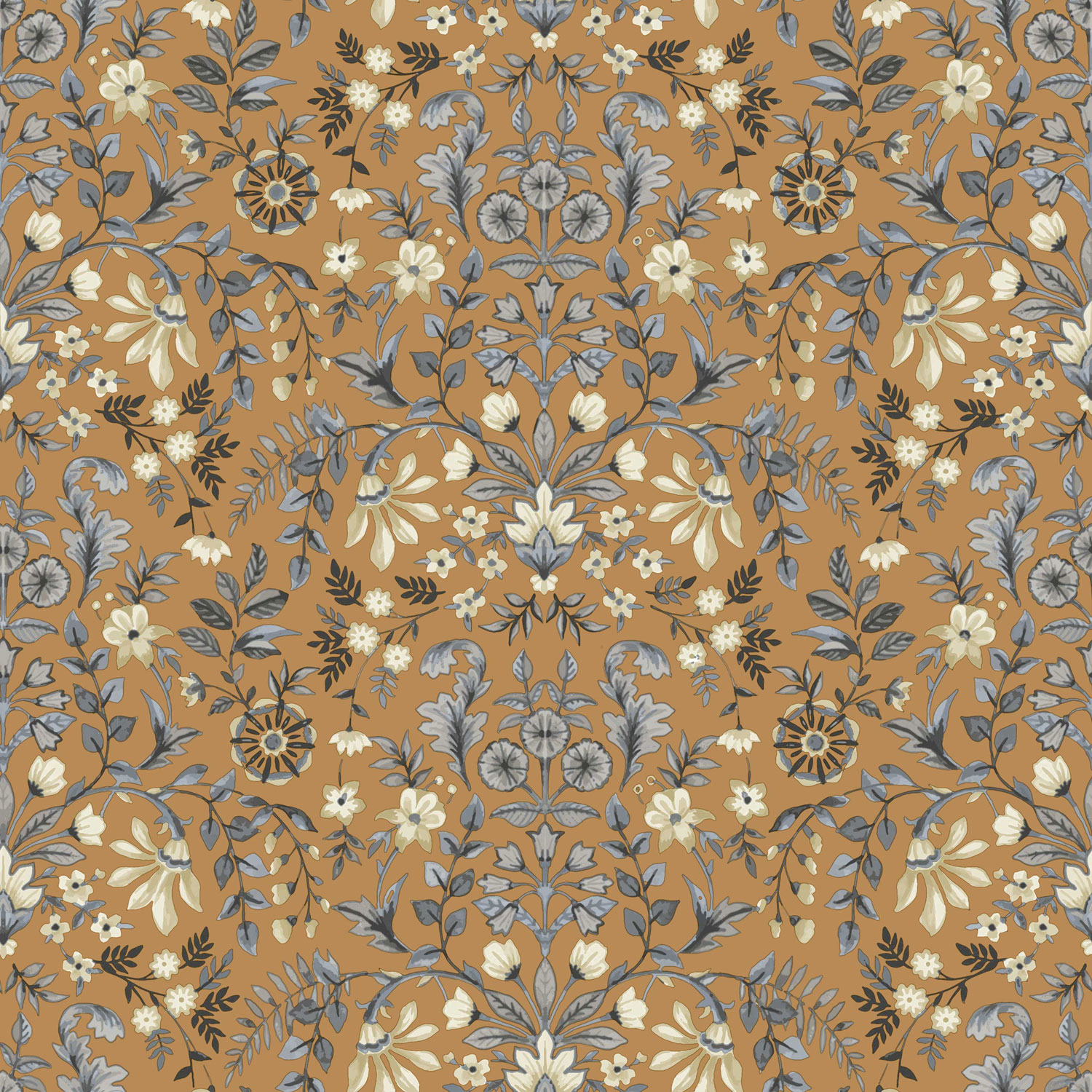 Dark ocher wallpaper with floral ornamental pattern, 12327, Fiori Country, Parato