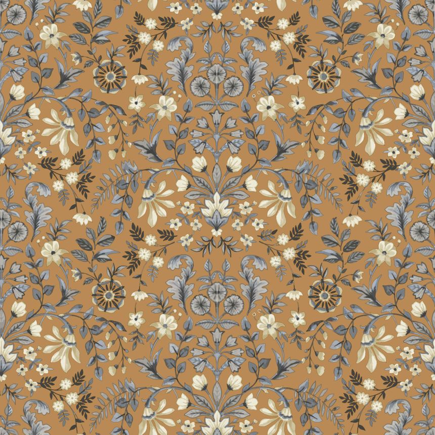 Dark ocher wallpaper with floral ornamental pattern, 12327, Fiori Country, Parato