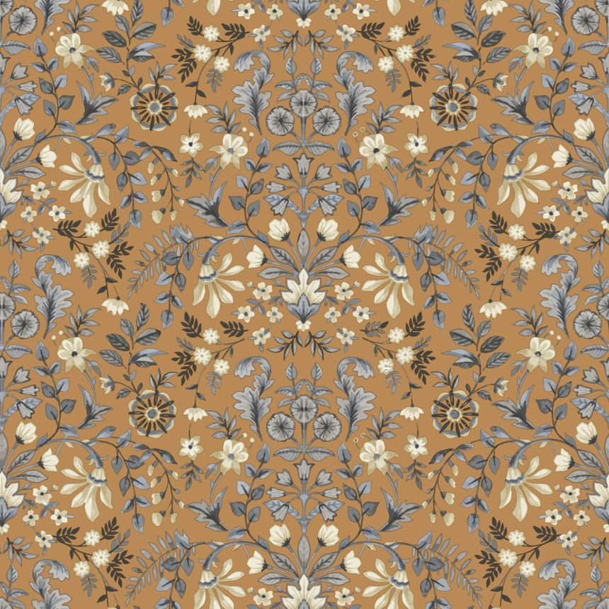 Dark ocher wallpaper with floral ornamental pattern, 12327, Fiori Country, Parato