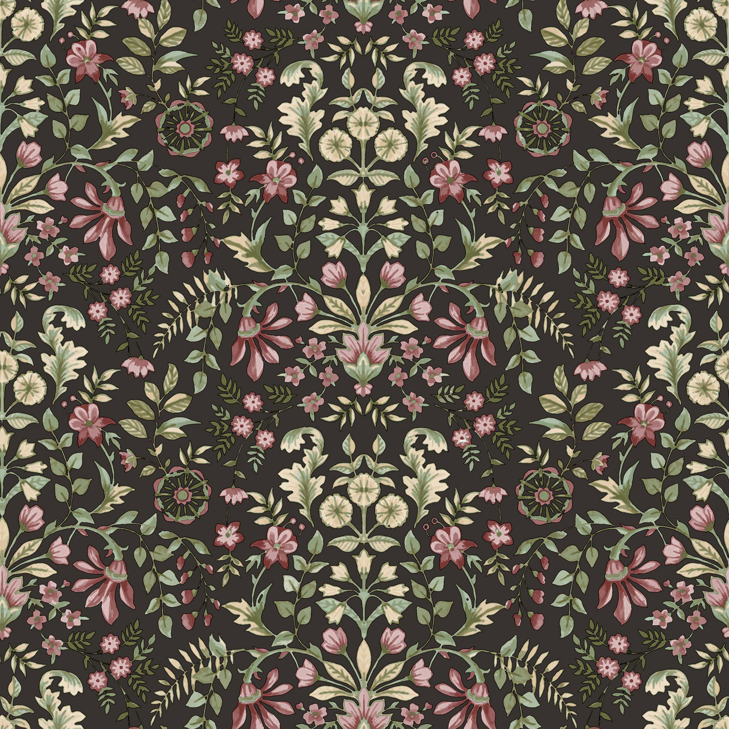 Black wallpaper with floral ornamental pattern, 12329, Fiori Country, Parato