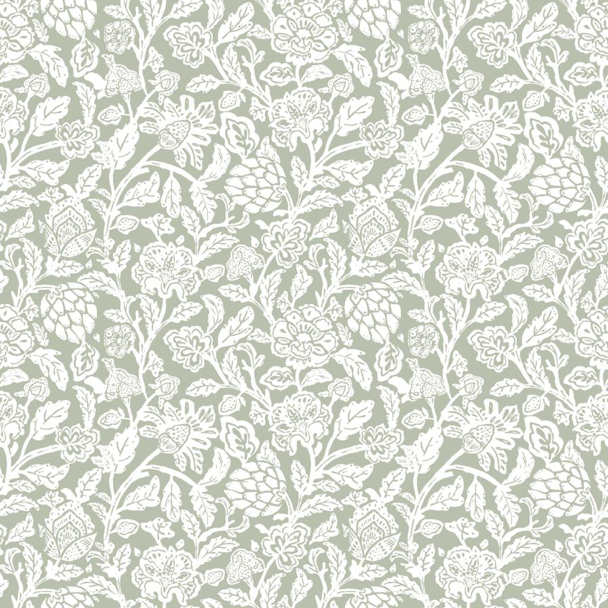 Green non-woven floral wallpaper, 12345, Fiori Country, Parato