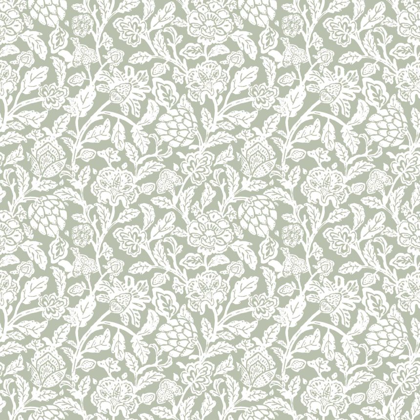Green non-woven floral wallpaper, 12345, Fiori Country, Parato