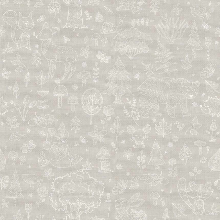 Gray children's wallpaper, animals, plants, 14807, Happy, Parato