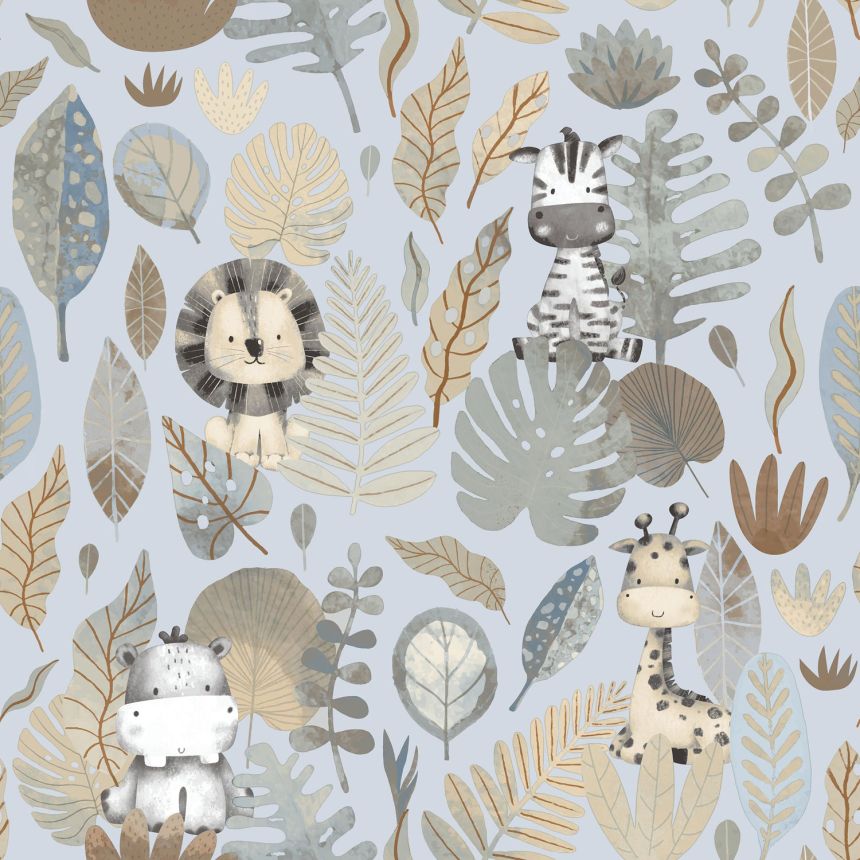 Blue children's wallpaper with animals and leaves, 14836, Happy, Parato