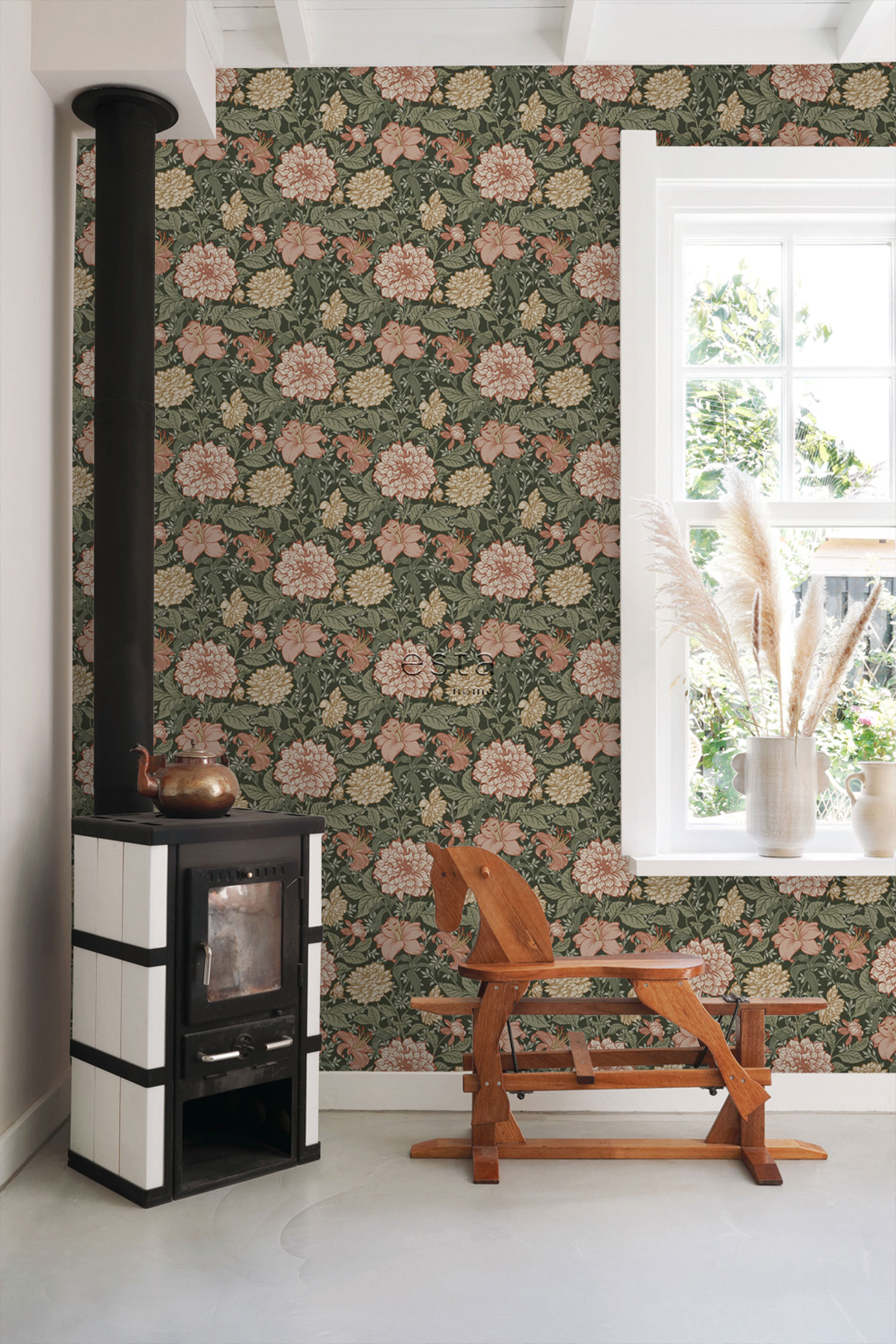 Black non-woven floral wallpaper, 139381, Vintage Flowers, Esta Home