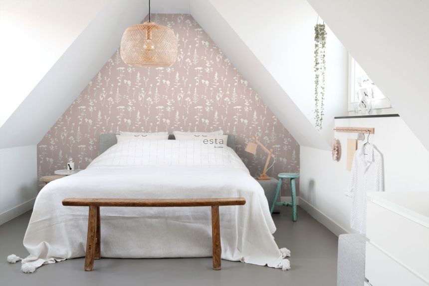 Pink non-woven wallpaper, flowers, leaves, 139393, Vintage Flowers, Esta Home