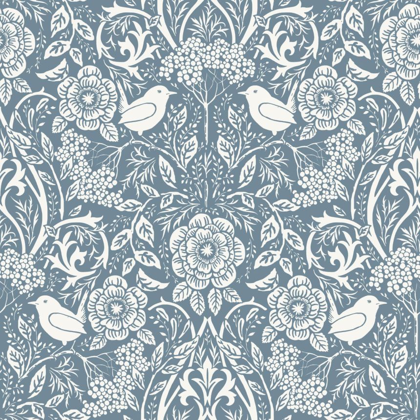 Blue wallpaper with plants and birds, 139477, Vintage Flowers, Esta Home