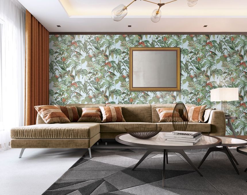 Luxury non-woven wallpaper with a vinyl surface DE120017, Birds, leaves, flowers, Wallstitch, Design ID