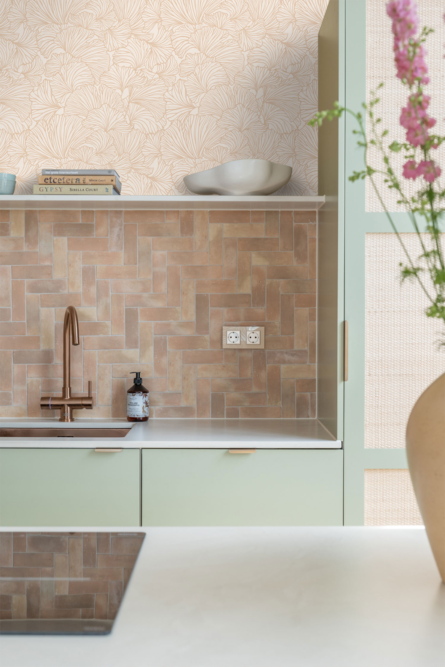 Beige non-woven wallpaper, leaves, 139488, To the Moon and Back, Esta Home