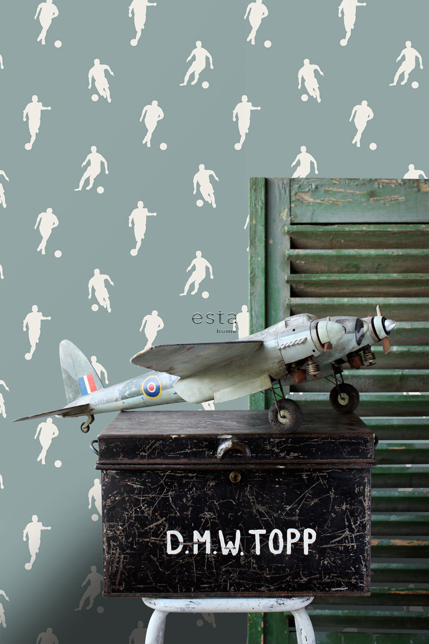 Blue-green wallpaper with soccer players, 139506, To the Moon and Back, Esta Home