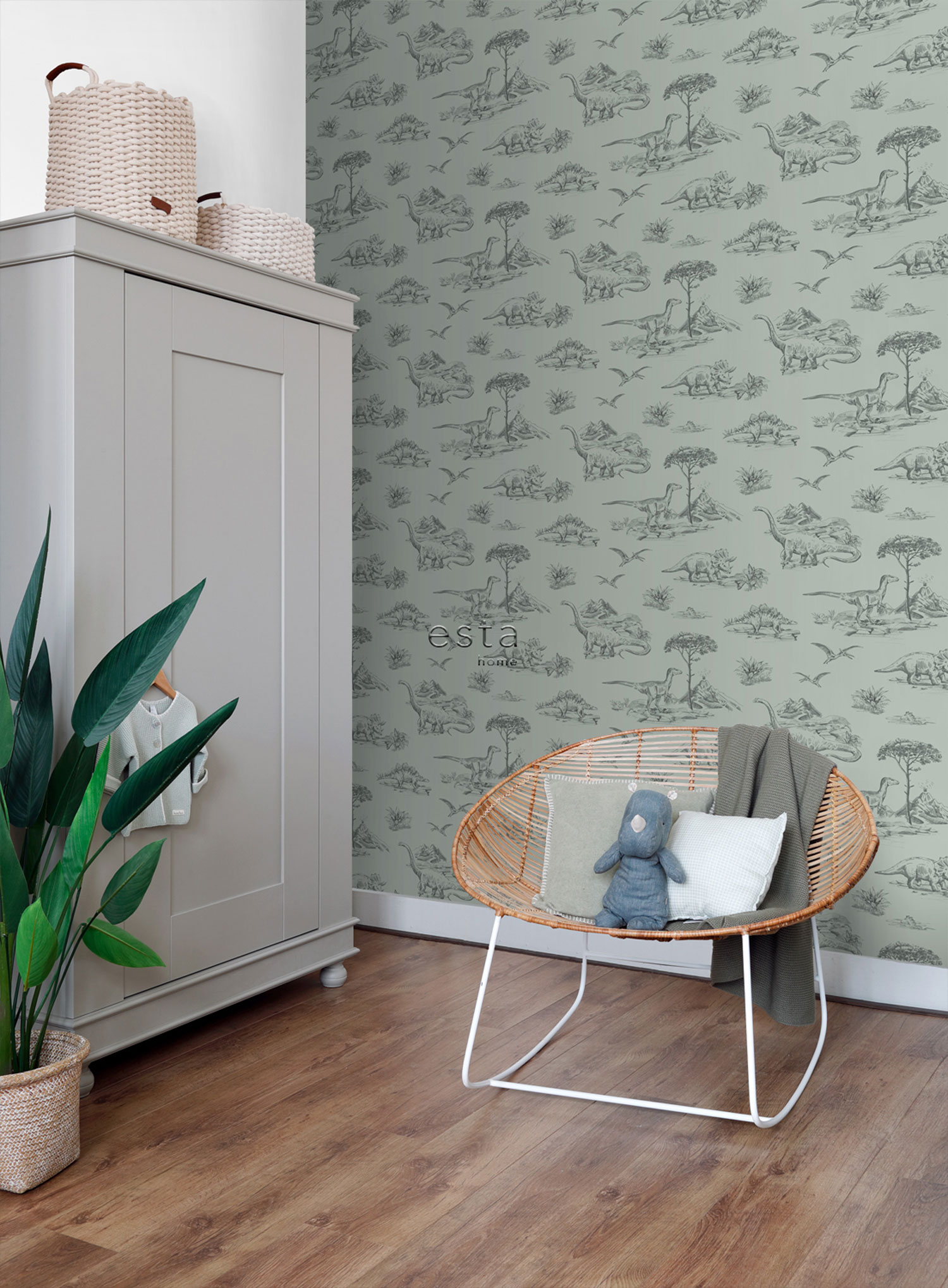 Green children's wallpaper with dinosaurs 139556, To the Moon and Back, Esta Home