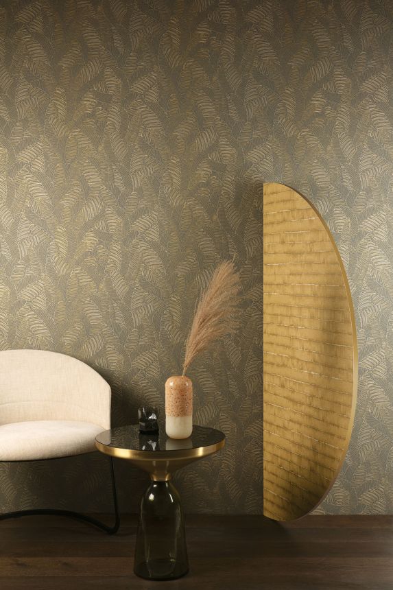 Grey-ochre wallpaper with leaves, SPI102, Spirit of Nature, Khroma by Masureel