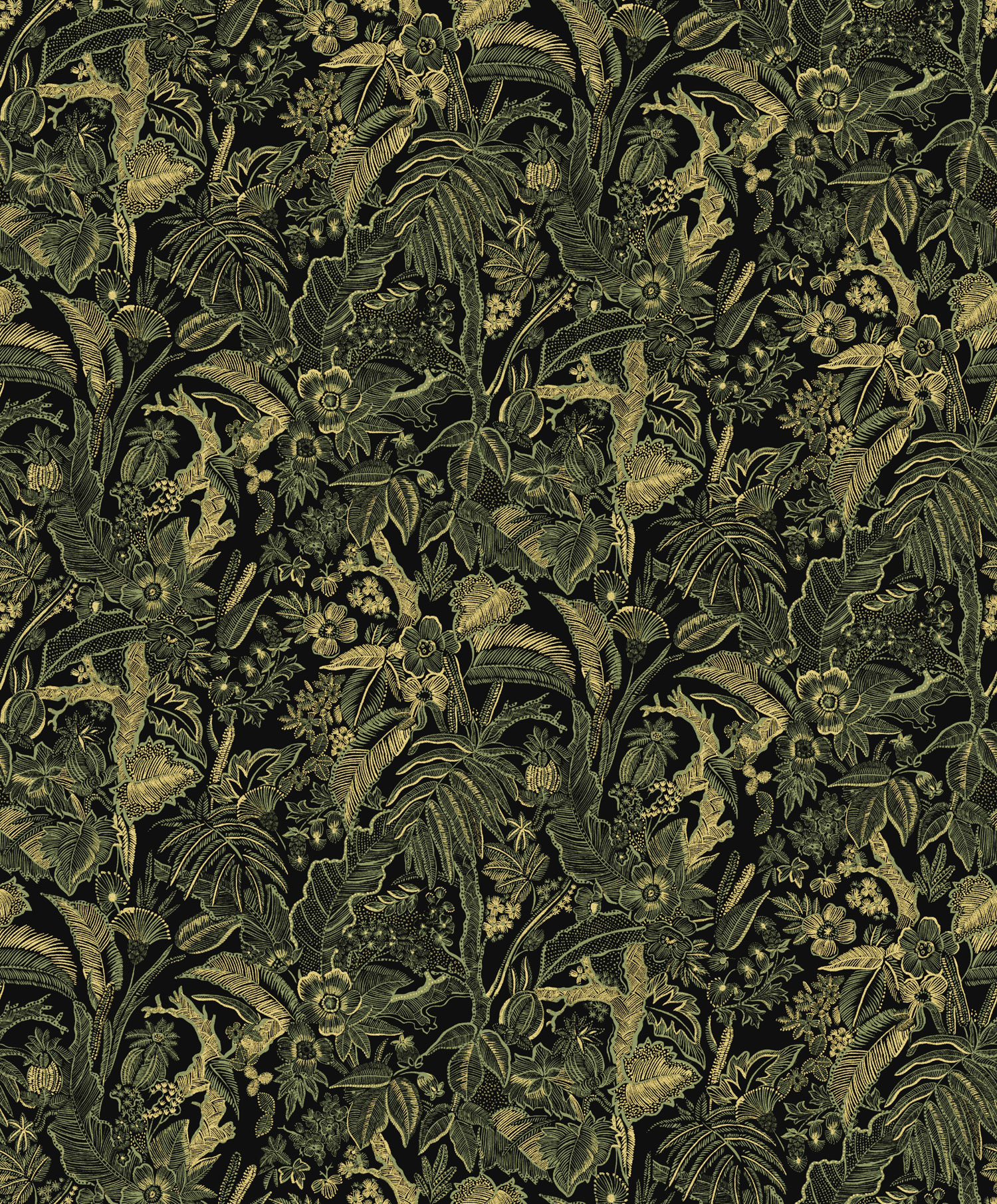 Black-green-gold wallpaper with flowers and leaves, SUM505, Summer, Khroma by Masureel