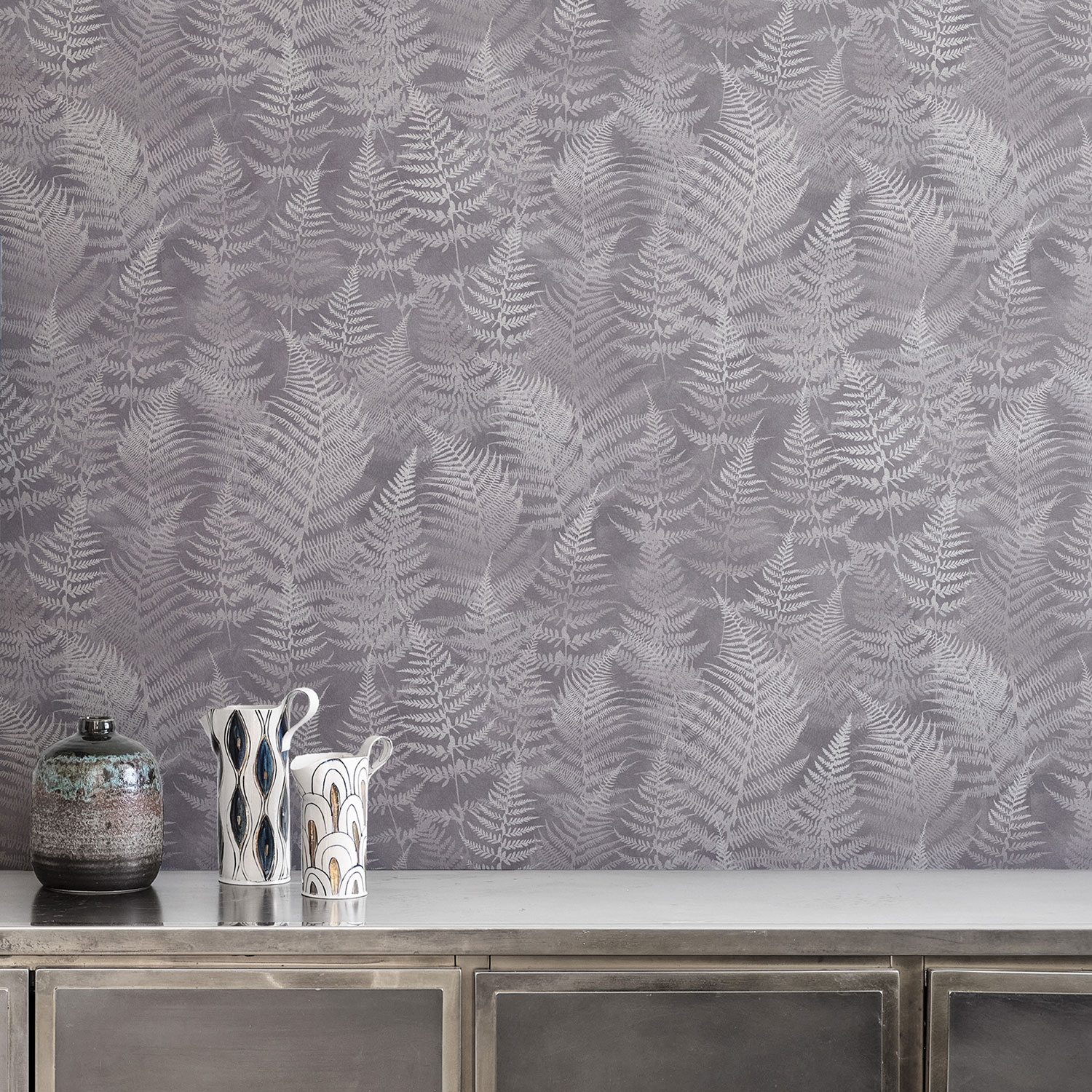 Grey-silver wallpaper, fern leaves, 120368, Wiltshire Meadow, Clarissa Hulse