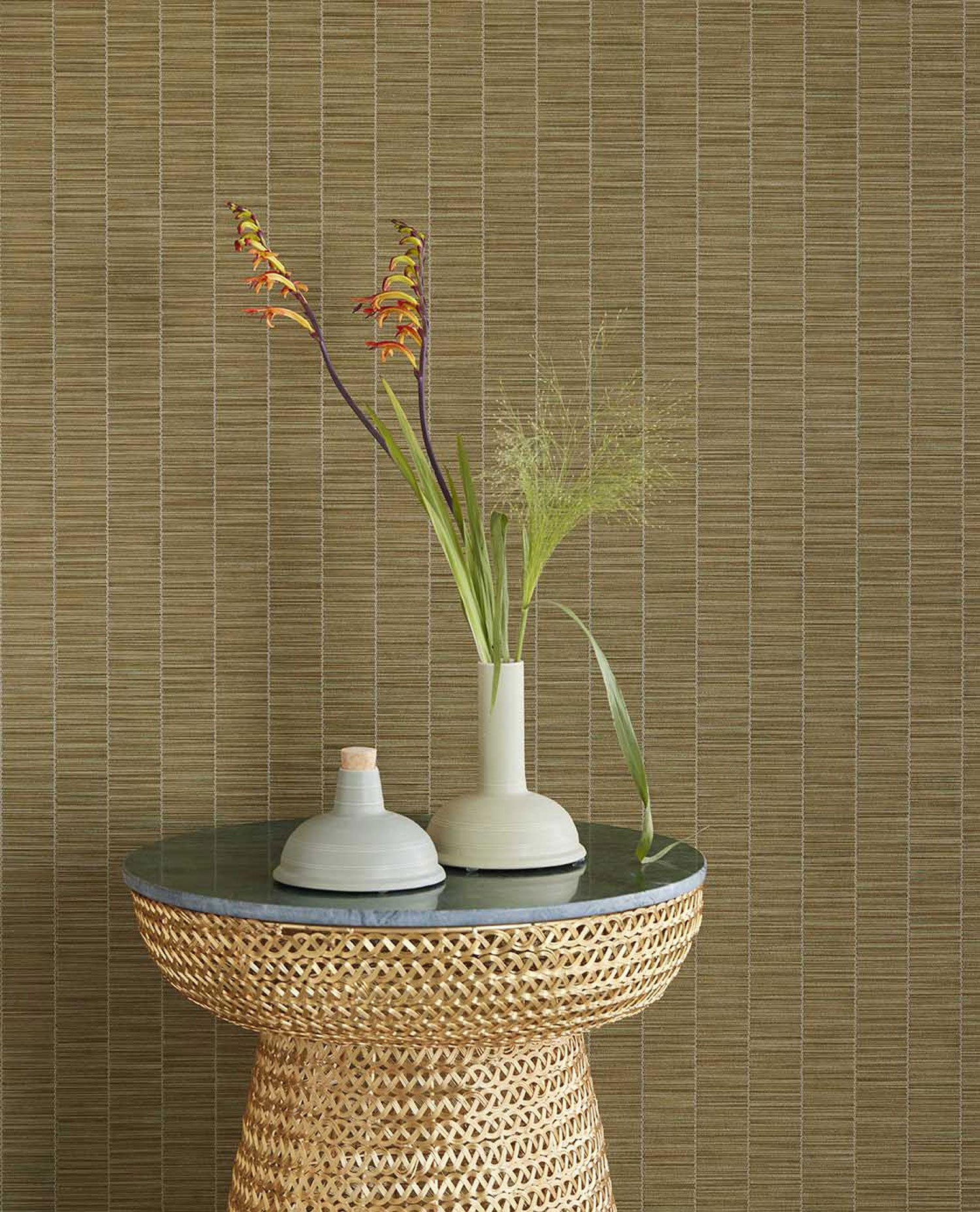 Brown-green wallpaper, bamboo imitation, 333432, Emerald, Eijffinger