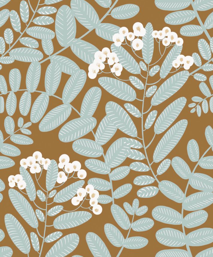Brown non-woven wallpaper, gray-blue leaves, YSA005, Mysa, Khroma by Masuree