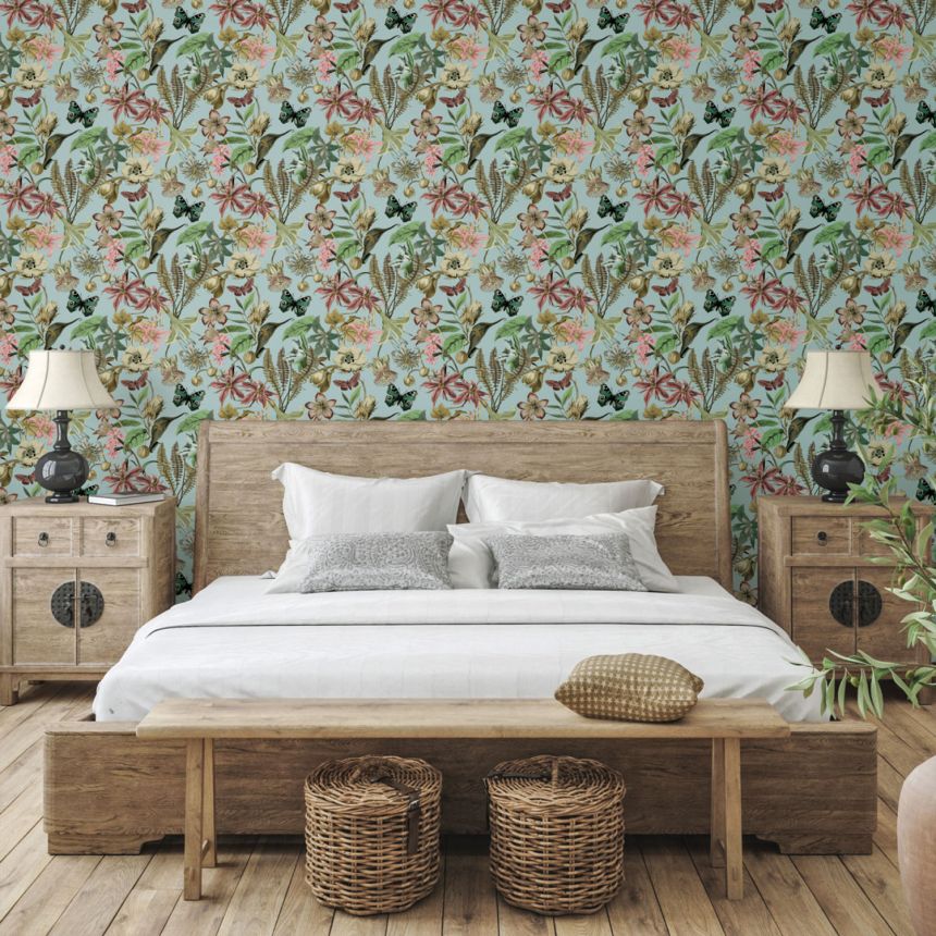 Turquoise wallpaper with flowers and butterflies, BL1725, Blooms Second Edition Resource Library, York