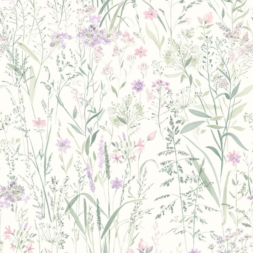 White wallpaper, meadow flowers and grasses, UR3319, Universe 4, Grandeco
