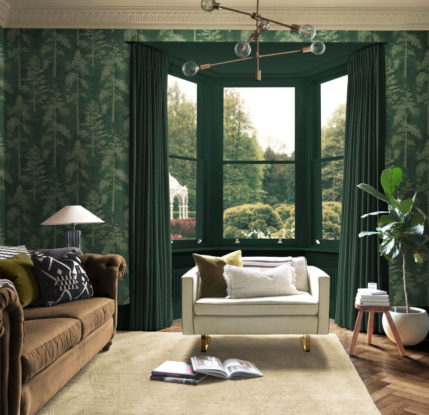 Green non-woven wallpaper, forest, trees, 121425, New Eden, Graham&Brown Premium
