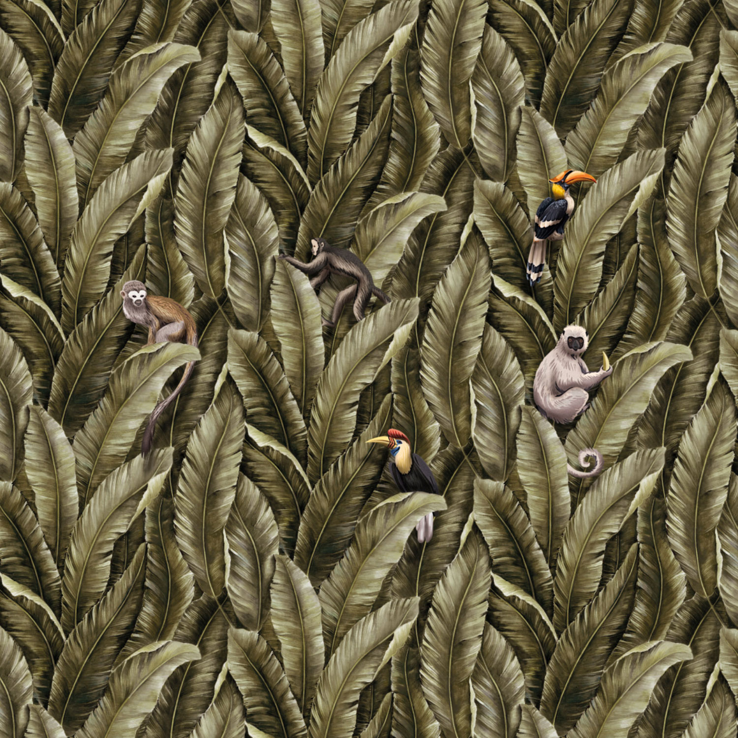 Luxury wall mural, leaves, monkeys and birds, Z77595, Savana, Zambaiti Parati